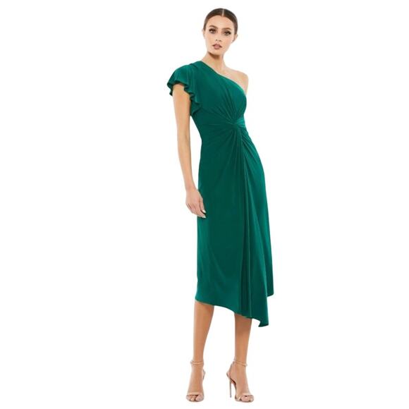 MAC DUGGAL Dress Size 8 Evening Gown NEW Green One Shoulder Midi Length Jersey - Picture 1 of 9